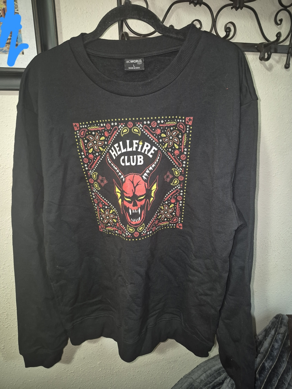 Bioworld Black Hellfire Club Graphic Pullover with Red and Yellow Accents